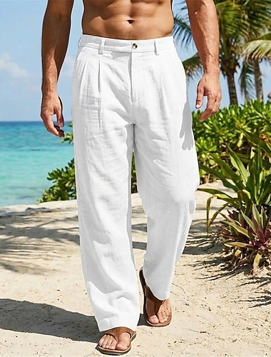  Herre Linbukser Bukser Dressbukser Sommerbukser Posete bukser Lomme Rett ben عادي Komfort Pustende Full lengde utendørs Virksomhet Bryllup Ferie Mote Blå Svart Uelastisk