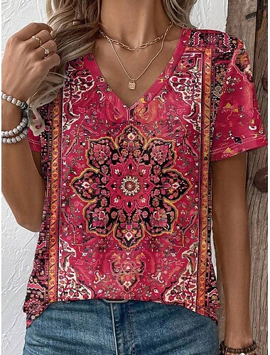  Dam T-shirt Mönster Grafisk Stam Stylish Klassisk Ledigt Kortärmad V-hals Vanliga toppar Ledigt Dagligen Rubinrött Purpur Grön Sommar Vår