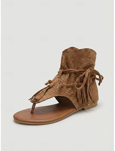  Bruine enkelsandalen met franjes voor dames – platte boho-sandalen met veters, perfect voor muziekfestivals en outdoorvakanties.