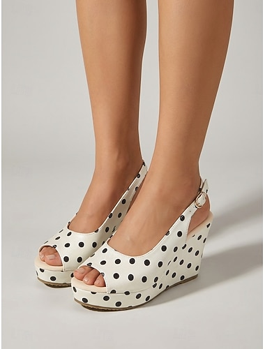  Sandales compensées rétro à pois pour femmes - blanches élégantes &Escarpins noirs à plateforme et bout ouvert avec bride arrière, parfaits pour les croisières de luxe et les soirées sur le pont.