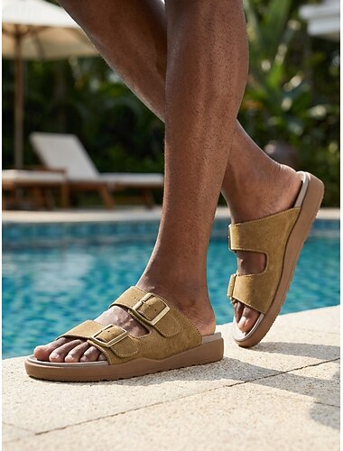  Herre Minimalistisk Daglig Feriested og bassengkant PU Lær Semsket lær Bekvem Slippers Brun Beige Sommer