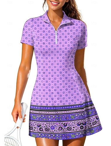  Damskie Geometryczny Pasek Artystyczny Sukienka do tenisa Sukienka sportowa Krótki rękaw Nadruk Oddychający Bransoletka tenisowa Golf Badminton Kołnierz Kołnierz polo Sukienka Fiołkowy Odzież tenisowa