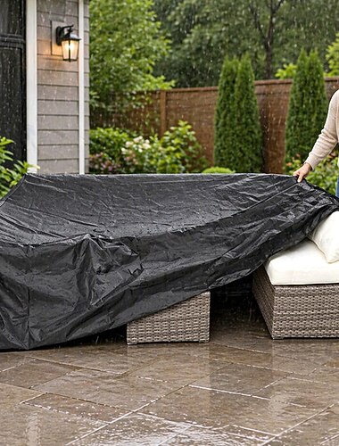  Överdrag till uteplatsmöbelset, överdrag till soffgrupp för utomhusbruk, överdrag till bord och stolar, vattentåliga, 193 cm L x 152 cm B x 76 cm H