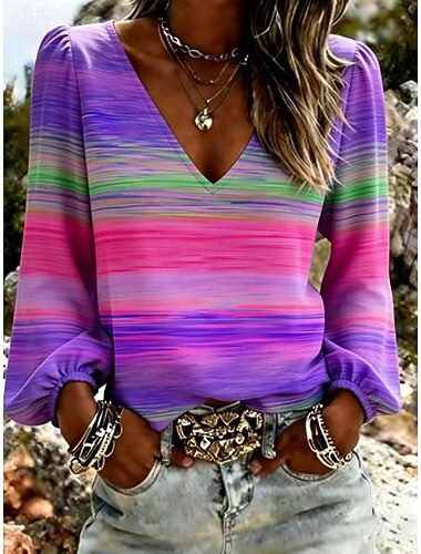  Mujer Camisa camisa boho Floral Graphic Elegante Bohemia Vacaciones Manga Larga Escote en Pico Tops regulares Diario Festivos Noche Púrpula Claro Morado Azul claro Verano Primavera