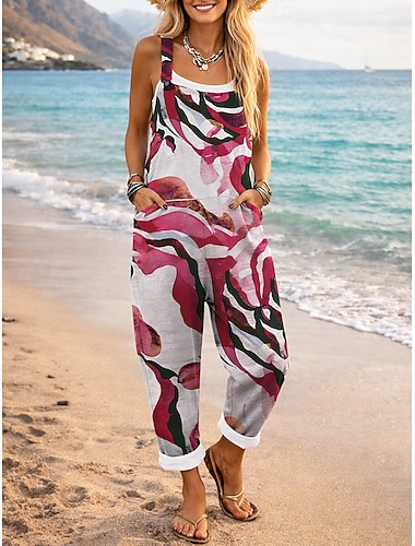  Damen Overall Aktiv Farbblock Ärmellos Ärmellos Quadrathals Tasche Druck Täglich Urlaub Lässiger Schnitt Rote Sommer