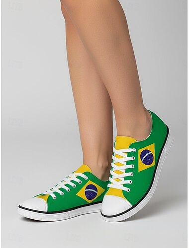  Canvas sneakers voor damesvoetbalfans – casual veterschoenen in Braziliaanse kleuren voor wedstrijddagen, sportevenementen, streetwear en dagelijks gebruik.