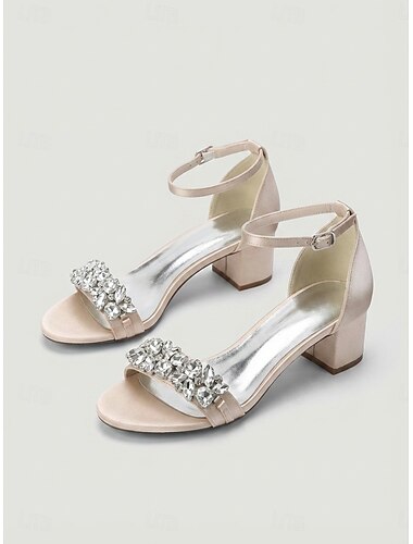  Elegante, nudefarbene Sandalen mit Strassbesatz und Blockabsatz – elegante Cocktailschuhe mit Knöchelriemen