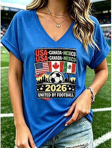  fotboll dam t-shirt tryck grafisk vintage snygg avslappnad kortärmad v-ringad vanlig toppar avslappnad daglig helg blå svart vit röd sommar vår