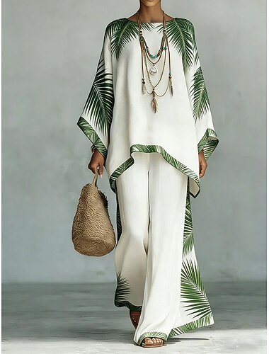  Dame Skjorte Linsett i bomull Buksesett Langermet Klokke Rund hals Blomstret Grafisk Trykt mønster Ferie Mote Gatemote Avslappet Daglig utendørs Lilla Grønn Regnbue Sommer Løstsittende