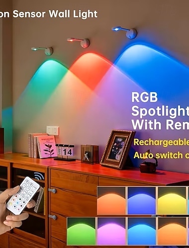  1/3 Stück kabellose Wandleuchte mit Bewegungssensor, wiederaufladbar, LED-Hintergrundbeleuchtung für den Innenbereich, RGB-Spot, kabellose Bilderleuchte, Kunstvitrinenbeleuchtung,