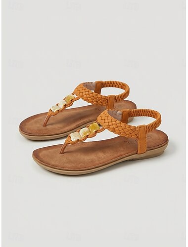  Bruine gevlochten platte sandalen voor dames met gouden accenten – vakantie &resort avondschoenen