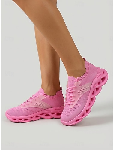  Roze gebreide hardloopsneakers voor dames – lichtgewicht, gedempte platform sportschoenen voor wandelen, reizen en dagelijks gebruik.