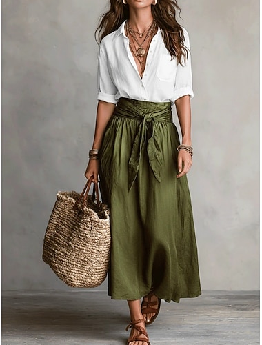  Damen Rock-Sets Langarm Hemdkragen Einfarbig Mode Streetwear Lässig Täglich Outdoor Schwarz Braun Grün Sommer Normale Passform