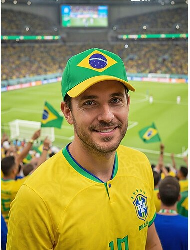  Heren baseballpet van polyester in de kleuren van de Braziliaanse vlag, verstelbare pasvorm, perfect voor voetbalwedstrijden, supportersbijeenkomsten, casual sport en dagelijks gebruik buitenshuis.