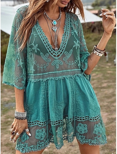  Damen Badeanzug Überwurf Badeanzugkleid Bademode Spitze Urlaub Strandbekleidung Einfarbig V Ausschnitt Langarm Badeanzüge