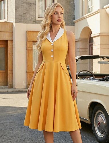  Femtiotal Retro / vintage Rockabilly Klänningar Korta ärmar Ensfärgat A-linje V-hals Maskeradkläder Dam Ledigt Fest Vardag Vuxna Klänning Vår & sommar