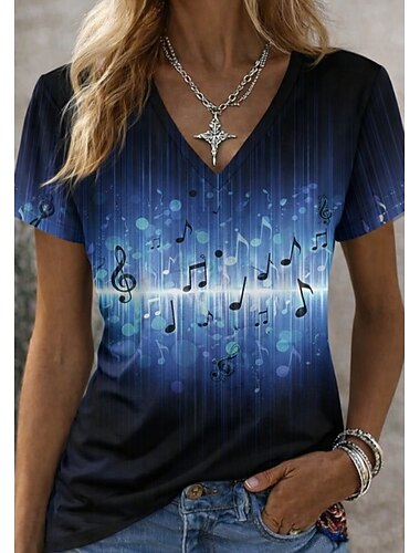  Dam T-shirt Mönster Blommig Grafisk Musik Vintage Stylish Klassisk Kortärmad V-hals Vanliga toppar Dagligen Sport Utekväll Blå Rubinrött Orange Sommar Vår Höst Vinter