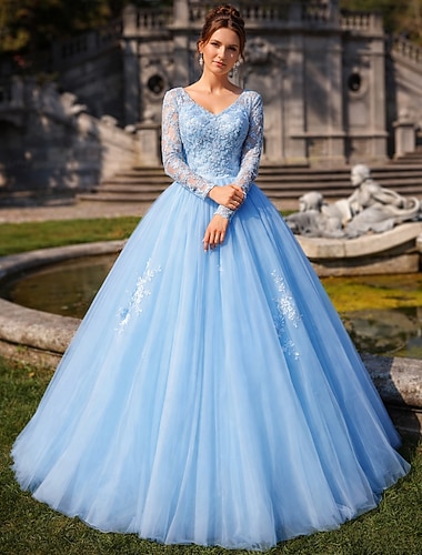  Robe de Bal Longueur Plancher Robes de Promo Princesse Bouffante Manches Longues Col en V Performance Quinceanera avec Cristaux Appliqués