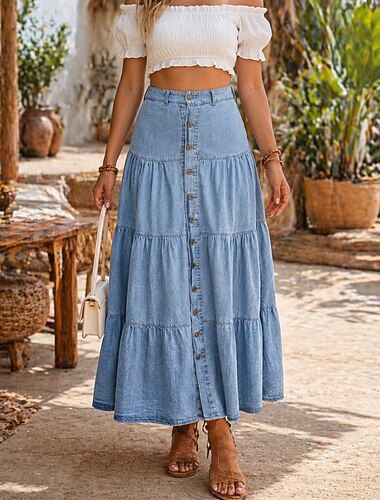  Mulheres Saia de férias Moda Casual Longo Cintura Média Saias Patchwork Sem Elasticidade Azul Verão