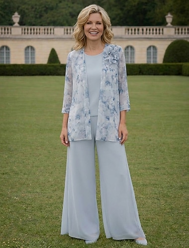  חליפה בת 3 חלקים חליפת מכנסיים עד הריצפה שמלה לאם הכלה  ללא שרוולים שרוול 4\3 סקופ צוואר אלגנטית פשוט מְיוּפֶּה רשמי אורחת חתונה ערב רישמי שיפון עם הדפס פרחוני פרחים תלת-ממדיים