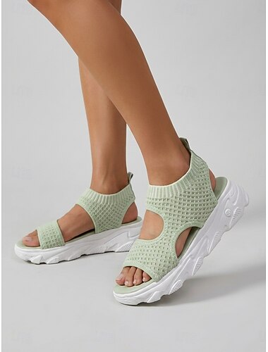  סנדלי ספורט ירוקים וסרוגים קלים לנשים - נעלי הליכה קז'ואליות עם סוליה עבה ונושמות לקיץ ולטיולים &נוחות יומיומית