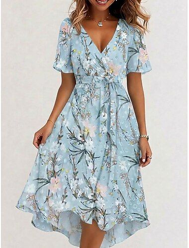  Dam Midiklänning Chiffongklänningar Blommig klänning Sommarklänning Elegant Modern Semester Helgdag Tebjudning Normal Blommig Kortärmad V-hals Blå Rodnande Rosa Grön Sommar Vår