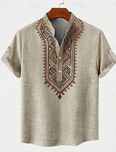  Herre Geometrisk mønster Stamme Etnisk Skjorte Skjorte med knapp ned Kortermet Vintage retro Ferie Fritid / hverdag Sommer Vår Opprett krage Henley krage 3D-utskrift Lin som skjorte Mørk kaki