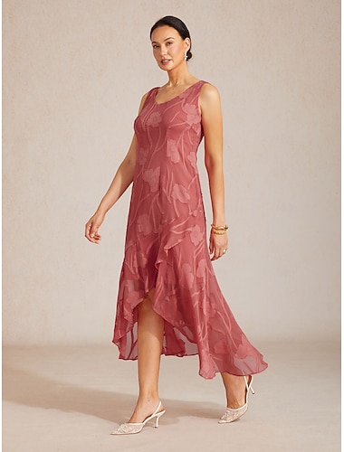  Mulheres Vestido Longo Vestido de chiffon Elegante Floral Sem Manga Decote U Coral Vermelho