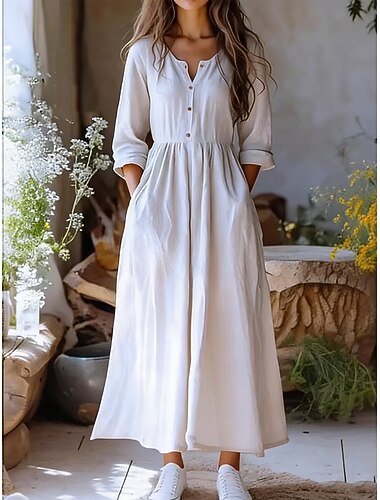  Damen Maxikleid Weißes Kleid Freizeitkleid Baumwoll-Kleid A Linie Kleid Elegant Mode Modern Outdoor Urlaub Ausgehen Normale Passform Einfach Langarm V Ausschnitt Weiß Sommer Frühling