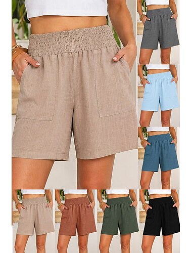  Mulheres Bermudas chinês Calção Shorts de verão Férias Moda Básico Comprimento do joelho Cintura Alta Côr Sólida Tecido Bolsos Cintura elástica Perna reta Conforto Macio Respirável Sem Elasticidade