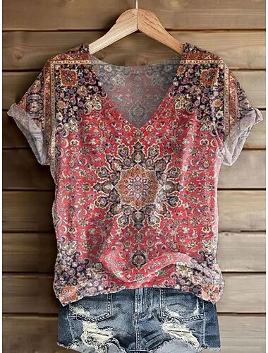  نسائي تي شيرت طباعة ورد الرسم هندسي عتيق أنيق كاجوال كم قصير V رقبة قمصان عادية مناسب للبس اليومي عطلة نهاية الاسبوع أزرق أحمر برتقالي الصيف الربيع