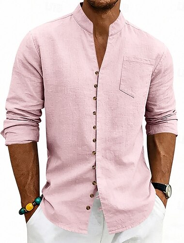  Herren Hemd Leinenhemd Sommerhemd Strandhemd Einfach Lässig Urlaub Schwarz Weiß Rosa Marineblau Langarm Stehkragen Sommer Frühling Bekleidung Tasche
