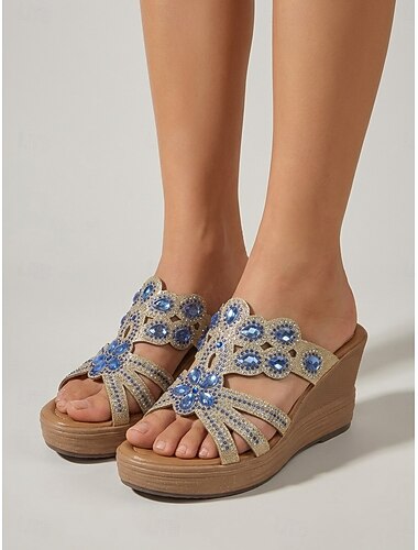  Damessandalen met sleehak en strasssteentjes – sprankelende platformslippers met bloemenversiering, comfortabele zomerschoenen voor buitenactiviteiten, strandwandelingen en resortkleding.