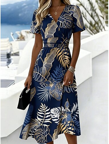  Dames Halflange jurk Hemdjurk Vakantie Casual Boho Dagelijks Zomerjurk Lente Jurk Normale pasvorm Bloemig Grafisch Korte mouw Strakke ronde hals V-hals Marine Hemelsblauw Groen Zomer Lente
