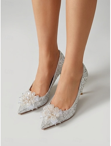  Bruidsschoenen voor dames met zilveren glitter, spitse stilettohakken met bloemenapplicatie voor bruiloft en ceremonie. & receptie