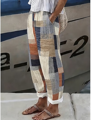  Damen Kunstbaumwollleinen Weites Bein Freizeithose Sommerhose Urlaub Mode Streetwear Knöchellang Mittlere Taille Grafik Gestreift Abstrakt Kordelzug Patchwork Tasche Bequem Komfort Atmungsaktivität