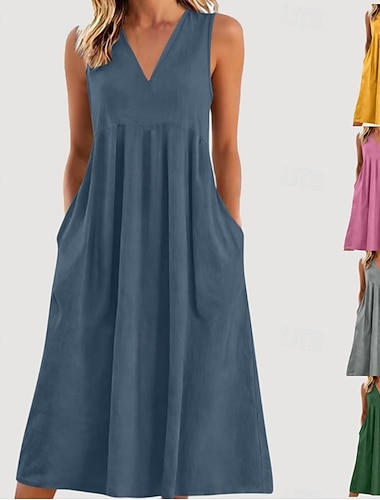  Dame Maxikjole Kjole med A-linje Plissert kjole Ferie Fest Fritid Daglig Hjem utendørs Normal Helfarge Ermeløs V-hals Gul Rosa Navyblå Mørkegrønn Sommer Vår Høst Vinter