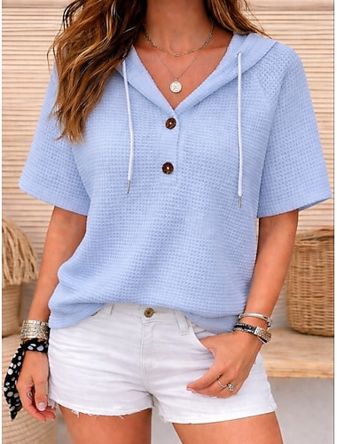  Damen Hemd Waffelhemd Bluse Patchwork Knöpfe Einfarbig Einfach Elegant Stilvoll Klassisch Ärmellos Kurzarm Mit Kapuze Normale Oberteile Lässig Täglich Ferien Hellgrün Rosa Violett Leicht Blau Sommer