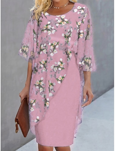  Per donna Abito al ginocchio Vestito in Chiffon Vestito Casual Abito Floreale Elegante Moda Moderno All'aperto Vacanza Feste Vestibilità regolare Floreale Mezza Manica Girocollo Blu Rosa Estate
