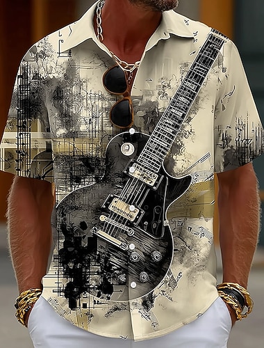  Herre Gitar Musikkinstrument Musikknotater Skjorte Skjorte med knapper Kortermet Vintage retro Daglig musikk festival Sommer Vår Aftæpning 3D-utskrift krage skjorter Blå Hvit Grønn Kakifarget