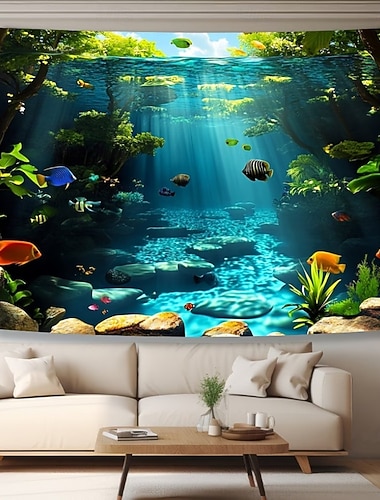  Unterwasserwelt, bunte tropische Fische, Korallenriff, Sonnenstrahlen, blaues Wasser – Wandteppich, Wandbehang, Hintergrund für Schlafzimmer, Wohnzimmer, Kinderzimmer, Heimdekoration