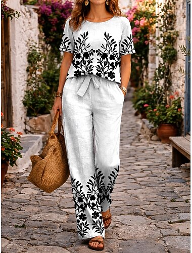 Dames Katoenen linnen sets Korte mouw Ronde hals Bloemig Grafisch Elegant Bohemen Dagelijks Casual Dagelijks Vakantie Wit Zomer Normale pasvorm