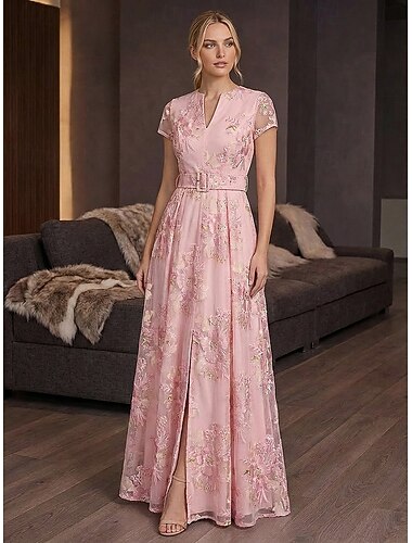  A-linje Gulvlengde Floral kjole Kveldskjoler Elegant Daglig Blomster Kortermet V-hals Hage fest Bryllup Lomme Organza Jacquard med Plissert Spalte