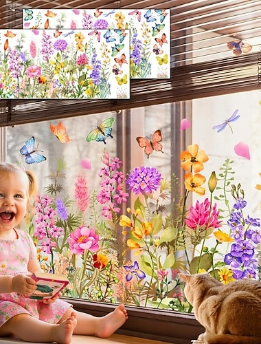  2 Sets bunte Fensteraufkleber mit Blumenstraußmotiv, abnehmbare Blumen-Fensteraufkleber für Glas, doppelseitig, individuell zuschneidbar für Zuhause &Bürogestaltung