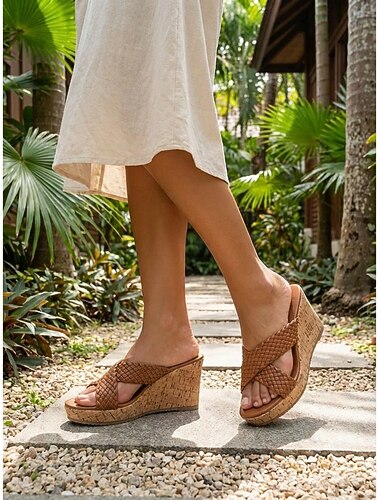  Женские коричневые плетеные сандалии на танкетке с перекрестными ремешками – повседневные сандалии на платформе для отдыха на курорте и на природе.