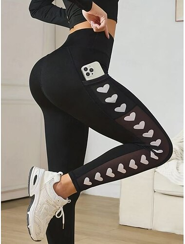  Damen Pilates-Hosen Yogahose Fitness-Leggings Seitentaschen Netz Rüschen-PO-Lifting Fitnesstraining Laufen Fitness Leggings Einfarbig Herz Schwarz Weiß Dunkelschwarz Sport Sportkleidung Dehnbar