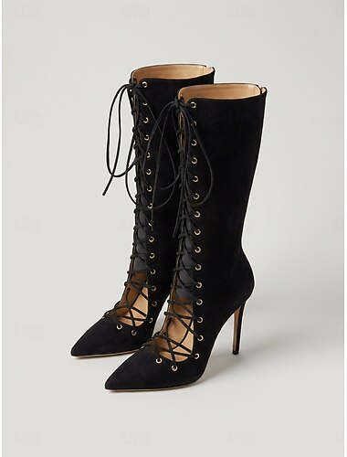  Botas pretas femininas até o joelho com cadarço – botas de bico fino e salto agulha para festas noturnas e baladas. &moda streetwear
