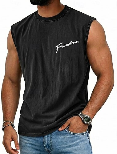  Voor heren FREEDOM Vest Top T-shirt met acid wash-effect Onderhemd Mouwloos T-shirt Grafische afdruk Strakke ronde hals Overhemd Vakantie Tropisch Modieus Dagelijks Vakantie Stranden Zwart Bruin Groen