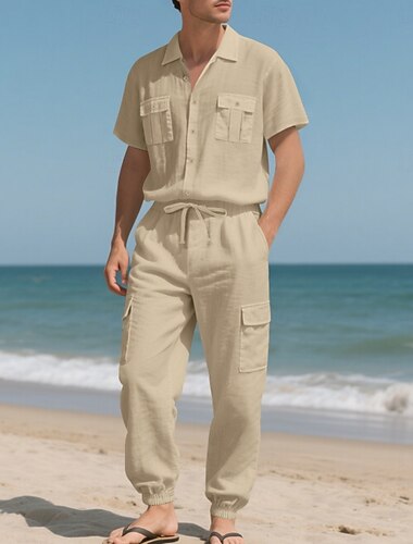  Per uomo Camicia di lino Due pezzi Set Camicia E Pantaloni Cargo Pantaloni di Lino Pantaloni Impostare Semplice Casuale Quotidiano All'aperto Collo ripiegato Maniche Corte Estate Moda Casual