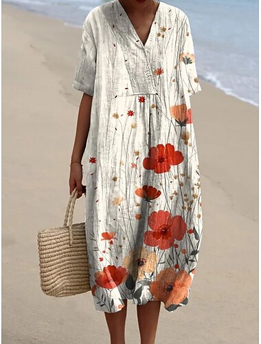  Damskie Sukienka midi Sukienka trapezowa Sukienka letnia Urlop Codzienny Styl plażowy Codzienny Wyjściowe Luźna Ombre Kwiaty Graficzny Krótki rękaw W serek Szampański Jasnozielony Zielony Beżowy Lato